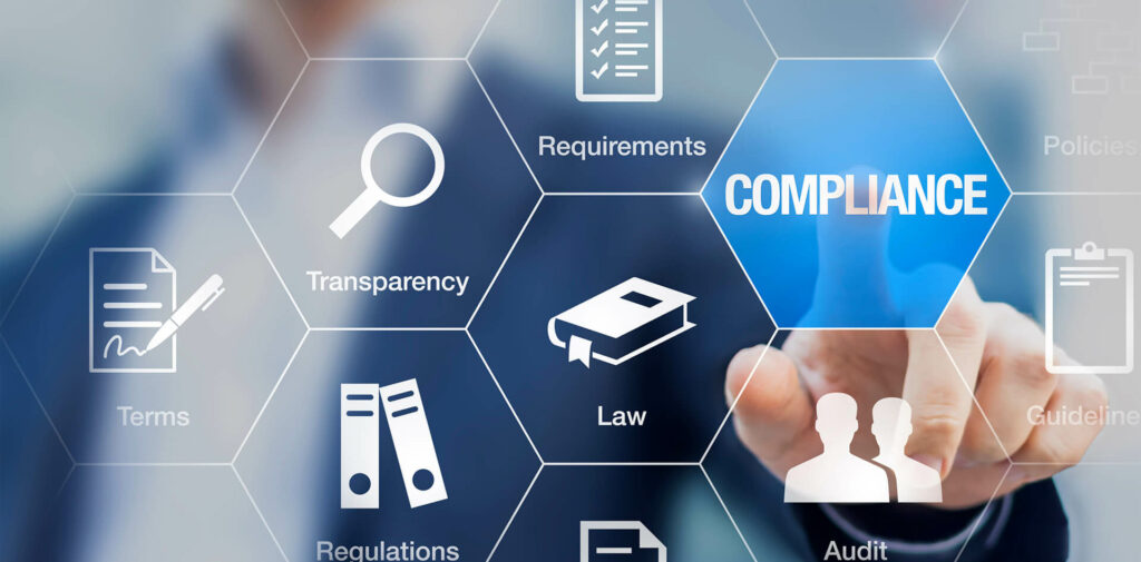 Digital interface with various compliance-related icons and words