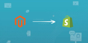 Magento logo with white arrow pointing to Shopify logo in blue background