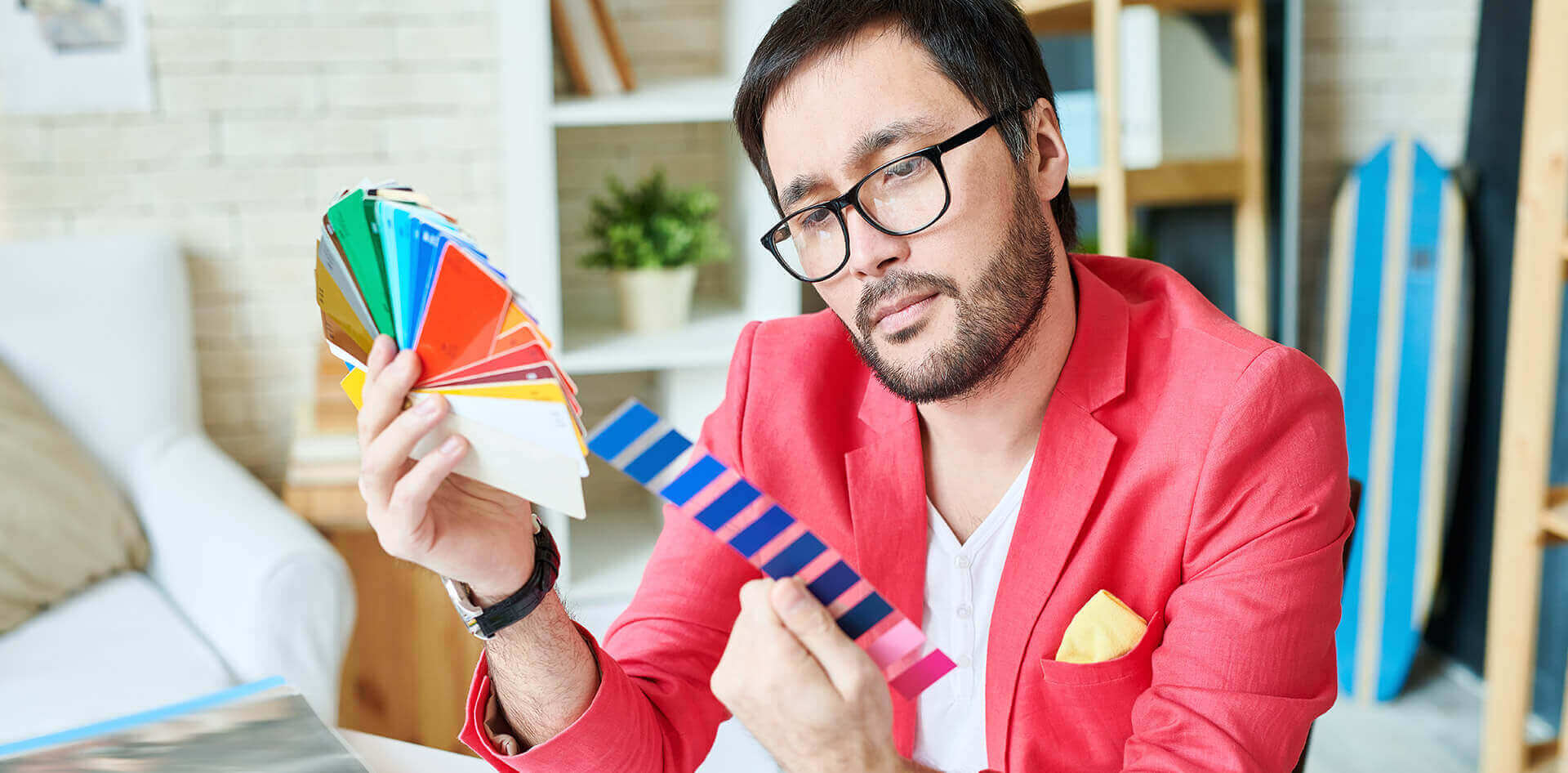 Pensive stylish person choosing new line colors