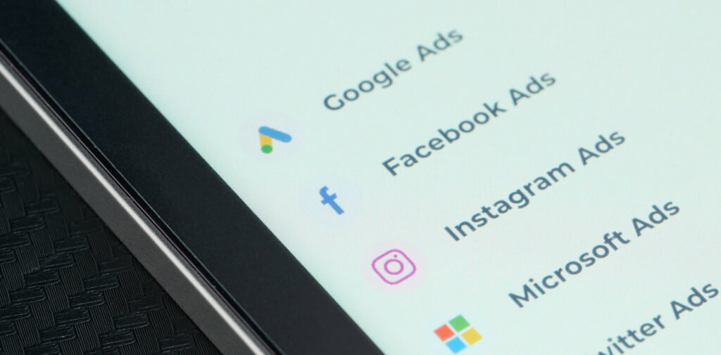 Screen displaying app icons and text for popular advertising platforms including Google Ads, Facebook Ads, Instagram Ads, Microsoft Ads & Twitter Ads