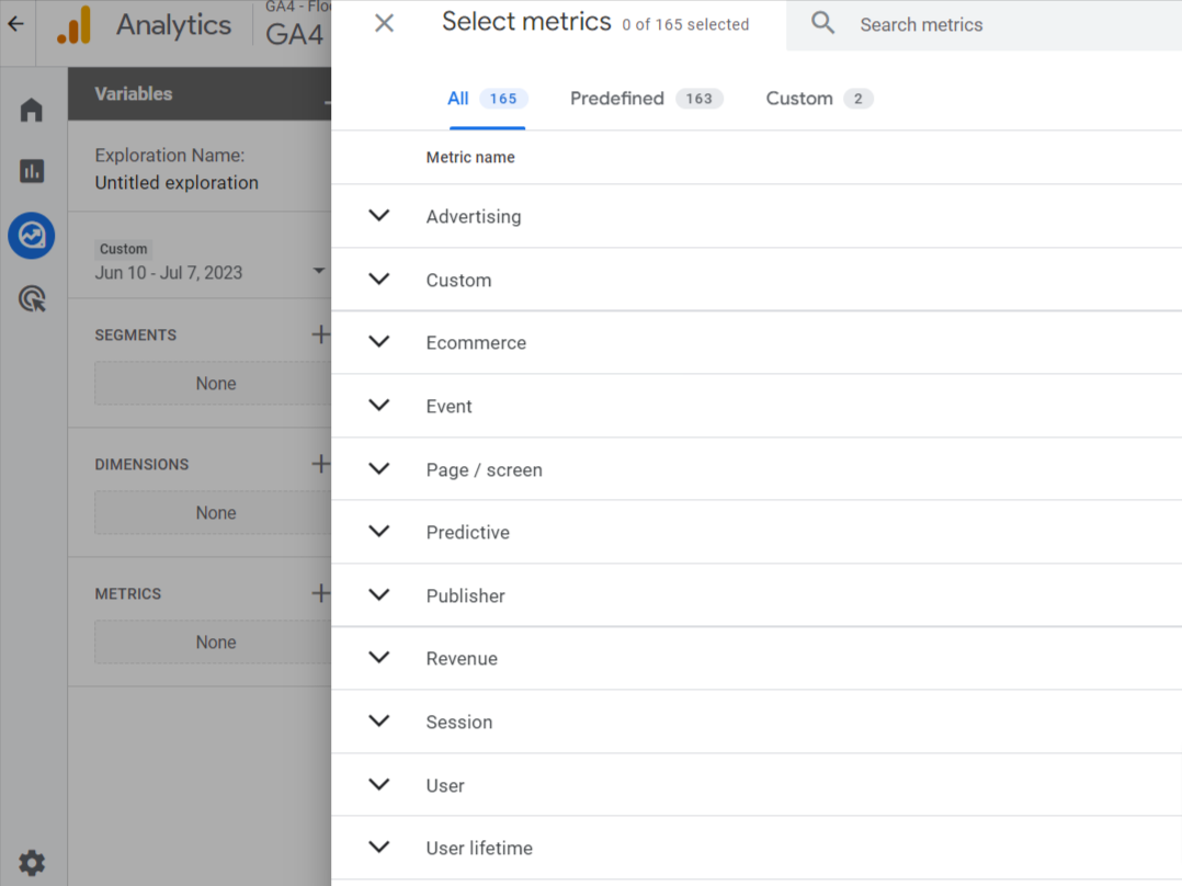 Predictive Metrics Selection from Explore Reports