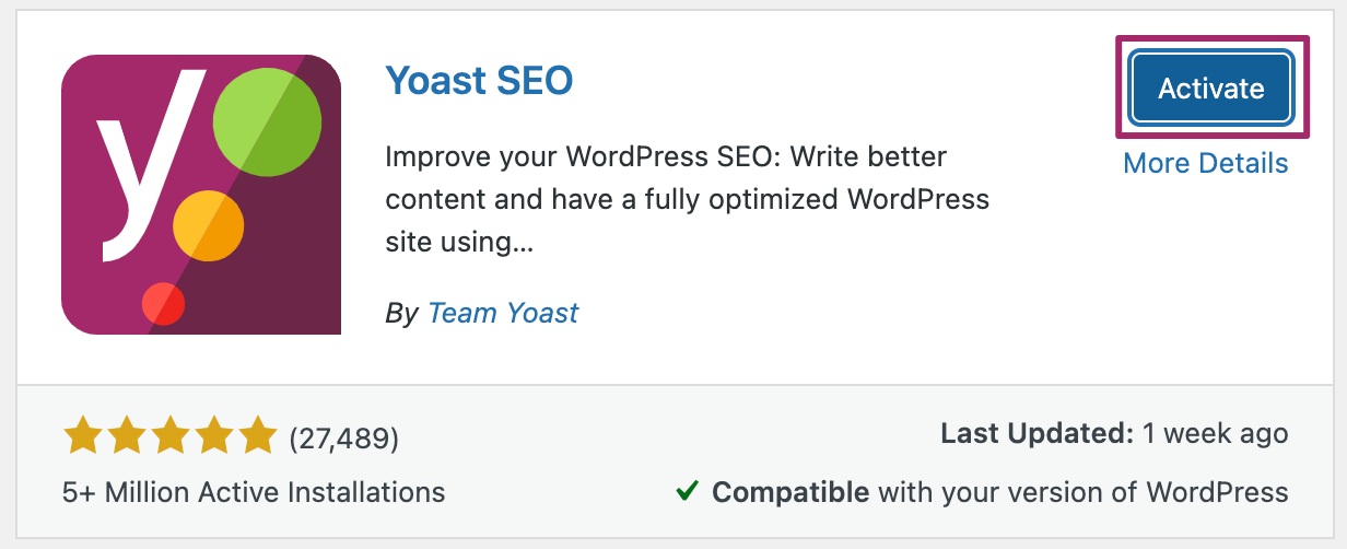Activate the Yoast SEO Plugin