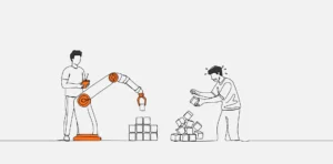 Illustration comparing efficient robotic automation with stressful manual labor.